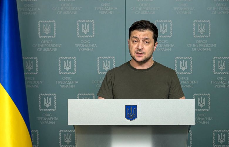 In this photo taken from video provided by the Ukrainian Presidential Press Office, Ukrainian President Volodymyr Zelenskyy speaks to the nation in Kyiv, Ukraine, Sunday, Feb. 27, 2022. Street fighting broke out in Ukraine’s second-largest city Sunday and Russian troops put increasing pressure on strategic ports in the country’s south following a wave of attacks on airfields and fuel facilities elsewhere that appeared to mark a new phase of Russia’s invasion. (Ukrainian Presidential Press Office via AP)