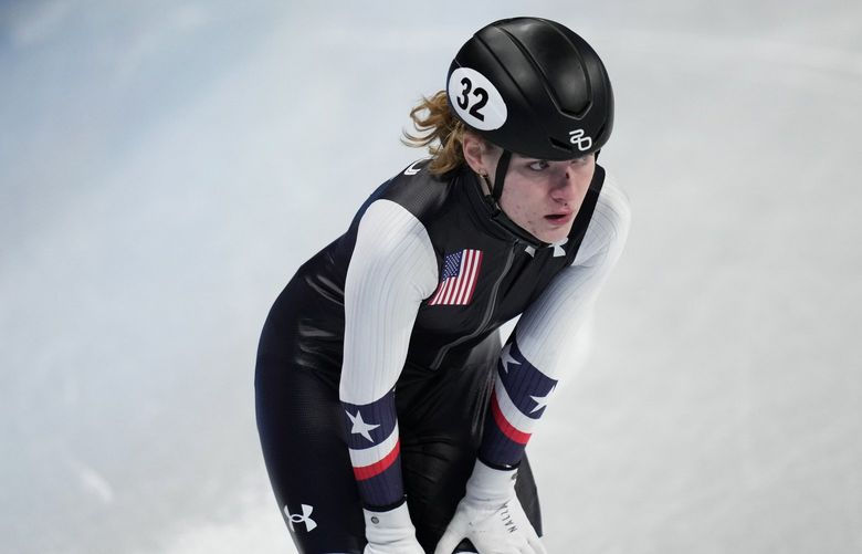 Corinne Stoddard of the United States, reacts after crashing in her heat of the women’s 500-meter during the short track speedskating competition at the 2022 Winter Olympics, Saturday, Feb. 5, 2022, in Beijing. (AP Photo/Bernat Armangue) OLYDA115 OLYDA115