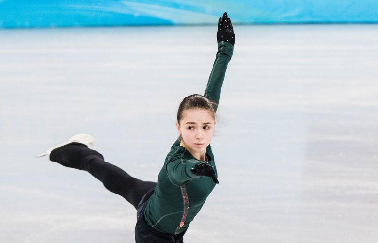 Kamila Valieva, of the Russian Olympic Committee team, trains for the team figure skating event at the 2022 Winter Olympics in Beijing, Feb. 13, 2022. (Gabriela Bhaskar/The New York Times)