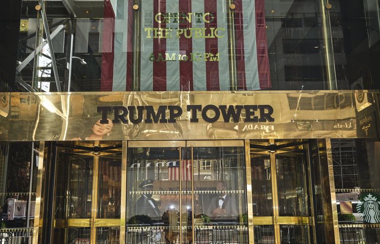 FILE – An entrance to Trump Tower in Manhattan on the eve of the election, Nov. 2, 2020. Much as he did while in the White House, Donald Trump has thoroughly blurred the lines between his political ambitions and his business interests, with a wide-ranging set of moneymaking ventures. (John Taggart/The New York Times) XNYT41 XNYT41