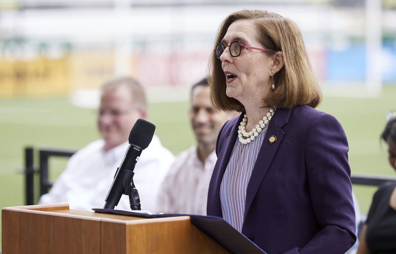 Oregon Governor Kate Brown announces the end of the state’s COVID-19 restrictions in Portland, Ore., Wednesday, June 30, 2021. (AP Photo/Craig Mitchelldyer)