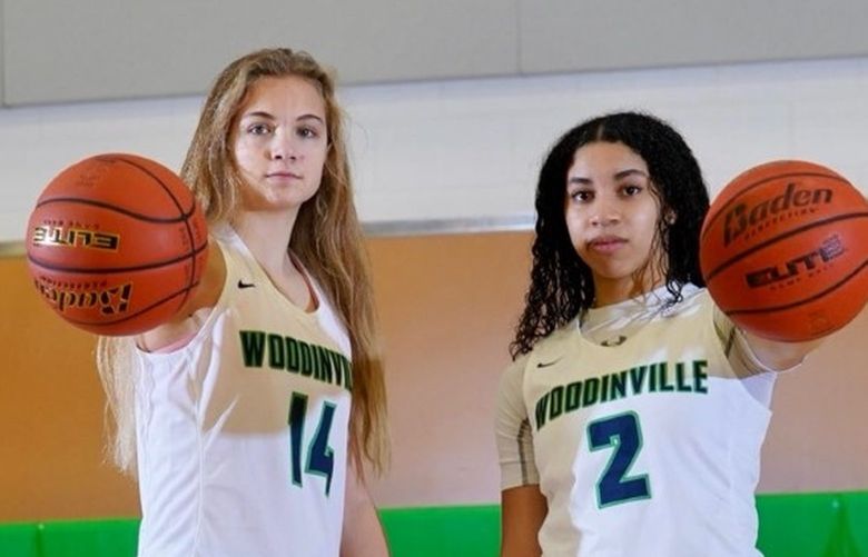 Tatum Thompson, left, and Veronica Sheffey have played together since fourth grade. They lead Woodinville into the Class 4A state tournament as the top seed.