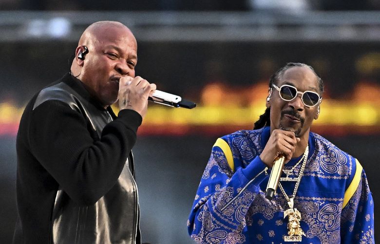 Dr. Dre and Snoop Dogg perform during halftime in Super Bowl LVI at SoFi Stadium on Sunday, Feb. 13, 2022, in Inglewood, California. (Wally Skalij/Los Angeles Times/TNS) 40121909W 40121909W
