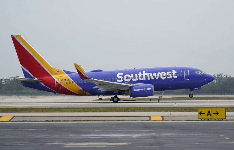 FILE – In this April 20, 2021 file photo, a Southwest Airlines Boeing 737 passenger plane takes off from Fort Lauderdale-Hollywood International Airport in Fort Lauderdale, Fla.    (AP Photo/Wilfredo Lee) 