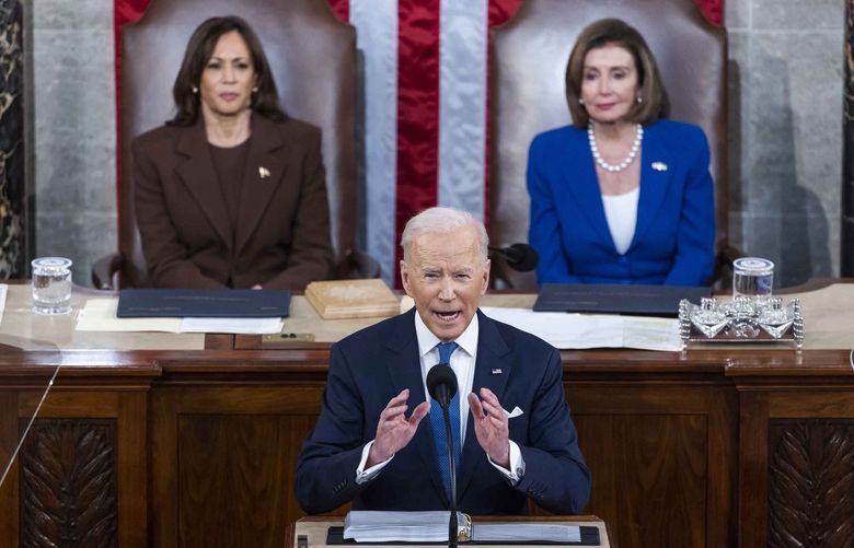 President Joe Biden delivers the State of the Union address during a joint session of Congress in the U.S. Capitolâ€™s House Chamber on Tuesday, March 1, 2022, in Washington, D.C. (Jim Lo Scalzo/Pool/Getty Images/TNS) 41513269W 41513269W