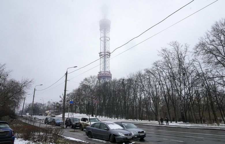 A view of the TV tower after bombing in Kyiv, Ukraine, Wednesday, March 2, 2022. Russian forces have escalated their attacks on crowded cities in what Ukraine’s leader called a blatant campaign of terror. (AP Photo/Efrem Lukatsky) XAZ112