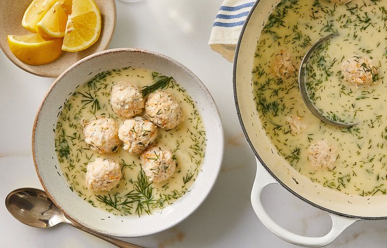 Youvarlakia avgolemono (lemony greek meatball soup) in New York, Feb. 17, 2022. Every spoonful of this soup vibrates with flavor from citrus, dill, chicken stock and egg yolk. Food styled by Simon Andrews. (Christopher Simpson/The New York Times) XNYT91 XNYT91