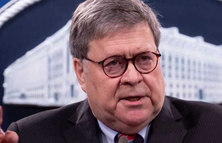 Attorney General Bill Barr holds a news conference to provide an update on the investigation of the terrorist bombing of Pan Am flight 103 on the 32nd anniversary of the attack, at the Department of Justice December 21, 2020, in Washington, D.C. (Michael Reynolds/Pool/Getty Images/TNS) 41667867W 41667867W