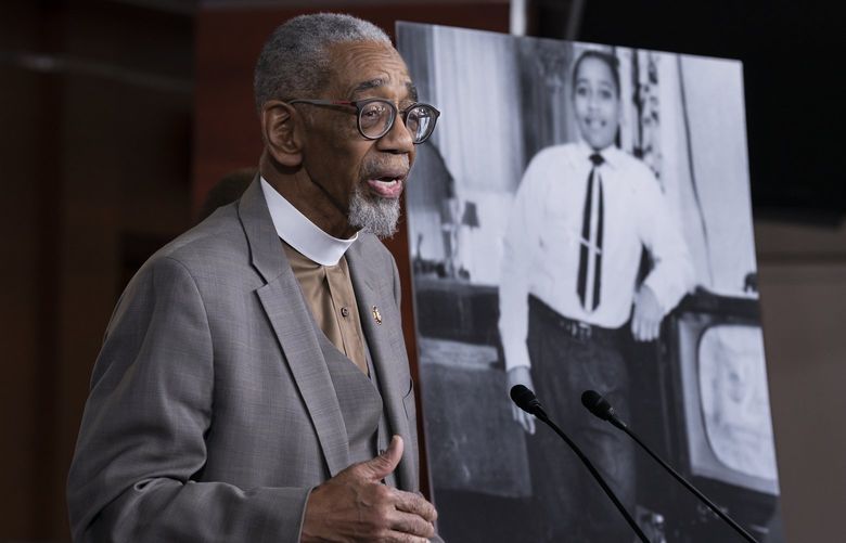 Rep. Bobby Rush, D-Ill., speaks during a news conference about the Emmett Till Anti-Lynching Act on Capitol Hill in Washington, D.C., on Feb. 26, 2020. Emmett Till, pictured at right, was a 14-year-old African American who was lynched in Mississippi in 1955. (AP Photo/J. Scott Applewhite, File) 