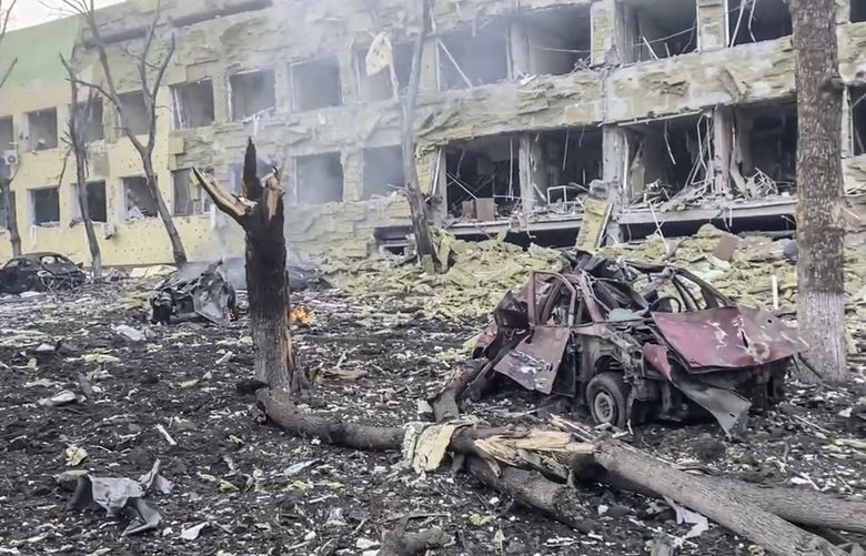 This image taken from video issued by Mariupol City Council shows the aftermath of Mariupol Hospital after an attack, in Mariupol, Ukraine, Wednesday March 9, 2022. A Russian attack severely damaged the children’s hospital and maternity ward in the besieged port city of Mariupol, Ukrainian officials said. President Volodymyr Zelenskyy wrote on Twitter that there were â€œpeople, children under the wreckageâ€ of the hospital and called the strike an â€œatrocity.â€ LON803 LON803