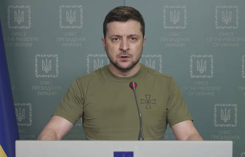 In this image from video provided by the Ukrainian Presidential Press Office and posted on Facebook, Ukrainian President Volodymyr Zelenskyy speaks in Kyiv, Ukraine, on Wednesday, March 9, 2022. (Ukrainian Presidential Press Office via AP) DCJE211 DCJE211