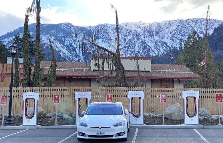 Tesla electric car charging station in Leavenworth, Wa. The Tesla charging stations only works on the companies cars, not other electric cars, and can recharge the vehicle in under an hour.
