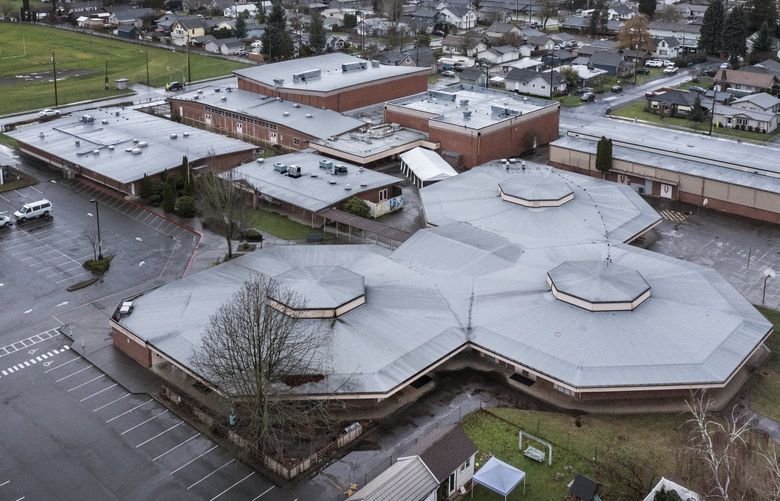 Thursday, December 23, 2021.     Sky View Education Center where environmental and health officials repeatedly found elevated levels of various toxins including PCBs.  The circular structures called East Pods were classrooms with the highest PCB levels. 219170