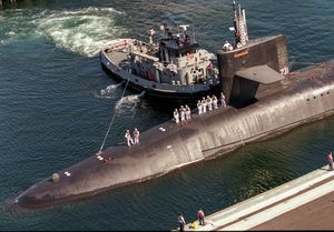 The USS Alabama, a nuclear-powered submarine, and its crew dock in downtown Seattle for Seafair festivities. The vessel’s home port is Naval Base Kitsap at Bangor, which has a fleet of eight Ohio-class nuclear attack submarines. (Dean Rutz / The Seattle Times, file)