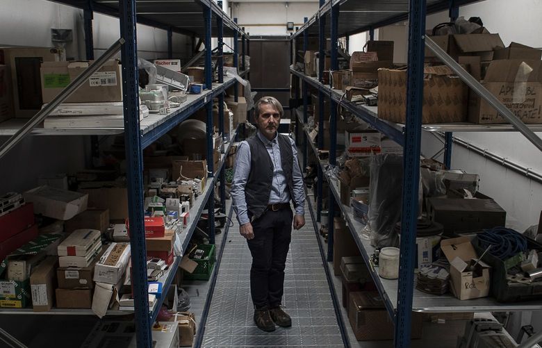 Giulio Cavicchioli, the owner of Minus Energie, at his warehouse in Bagnolo San Vito, Italy, on Wednesday, March 9, 2022. His company has gone from working on 50 bunkers in the past 22 years to fielding 500 inquiries in the past two weeks.  (Nadia Shira Cohen/The New York Times) XNYT7 XNYT7