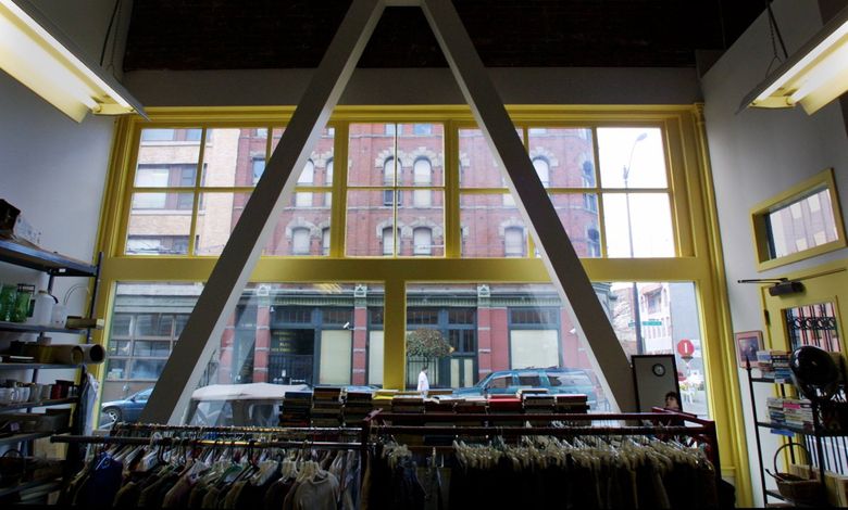 A triangle of braces was part of the 2001 retrofit of a thrift shop in Pioneer Square after the Nisqually earthquake earlier that year. (Alan Berner / The Seattle Times, 2001)