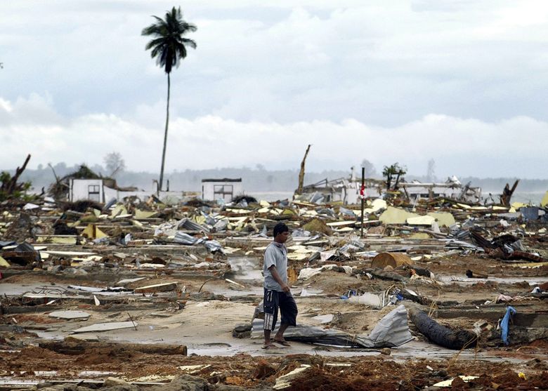 An Indonesian man walks through the remains of Calang, on Jan. 8, 2005. In the small town of Calang, just 1,000 of 5,000 residents survived a tsunami on Dec. 26, 2004, caused by an earthquake that originated under the Indian Ocean. (Andy Eames / The Associated Press, 2005) 