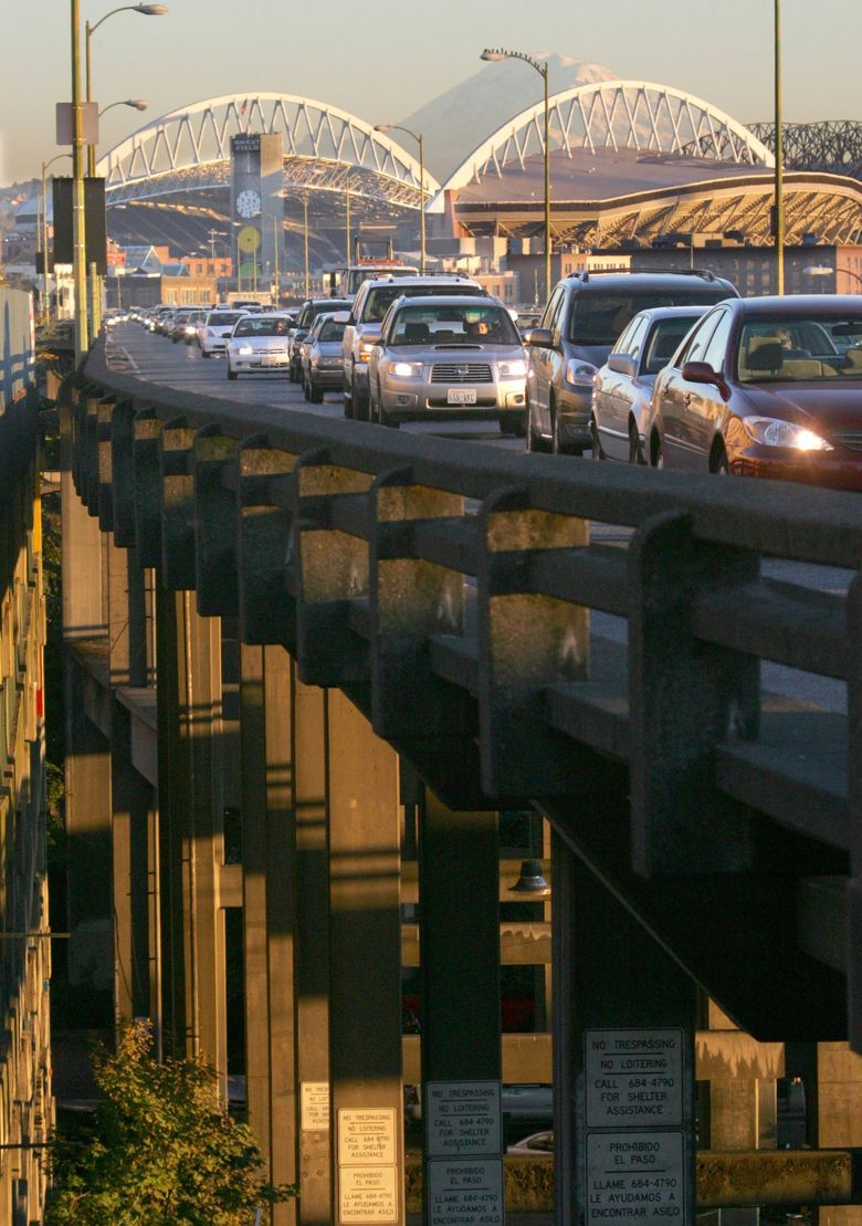 The Alaskan Way Viaduct (now gone) was always at risk from an earthquake. The viaduct was damaged by the 2001 Nisqually quake, requiring expensive repairs and regular inspections and closures. (Jim Bates / The Seattle Times, 2006)