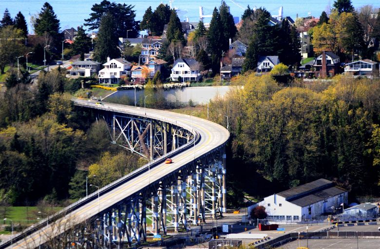 The Magnolia Bridge, with additional supports below it, is seen from Queen Anne. The bridge is considered among the more vulnerable ones during a Seattle earthquake. Additional strengthening was added after the Nisqually earthquake in 2001. (Alan Berner / The Seattle Times, 2014)