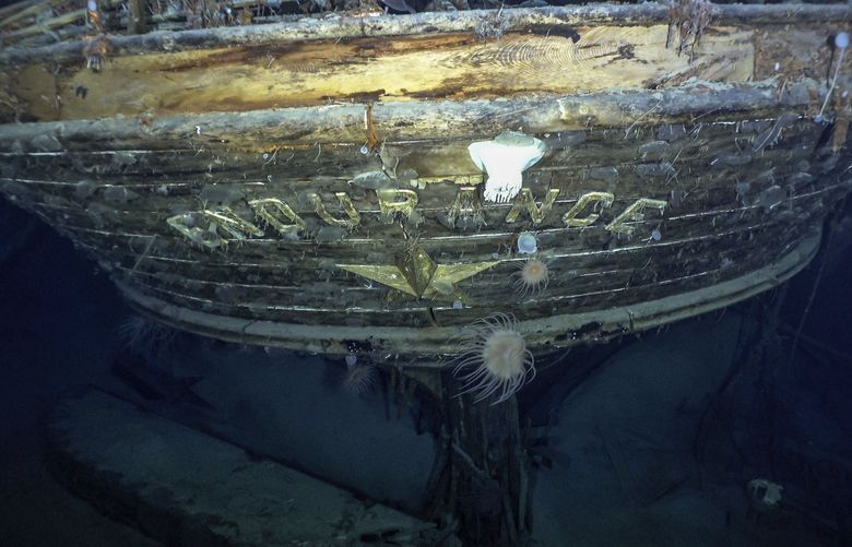 In this photo issued by Falklands Maritime Heritage Trust, a view of the stern of the wreck of Endurance, polar explorer’s Ernest Shackleton’s ship. Scientists say they have found the sunken wreck of polar explorer Ernest Shackletonâ€™s ship Endurance, more than a century after it was lost to the Antarctic ice. The Falklands Maritime Heritage Trust says the vessel lies 3,000 meters (10,000 feet) below the surface of the Weddell Sea. An expedition set off from South Africa last month to search for the ship, which was crushed by ice and sank in November 1915 during Shackletonâ€™s failed attempt to become the first person to cross Antarctica via the South Pole. (Falklands Maritime Heritage Trust/National Georgraphic via AP) AMB803 AMB803