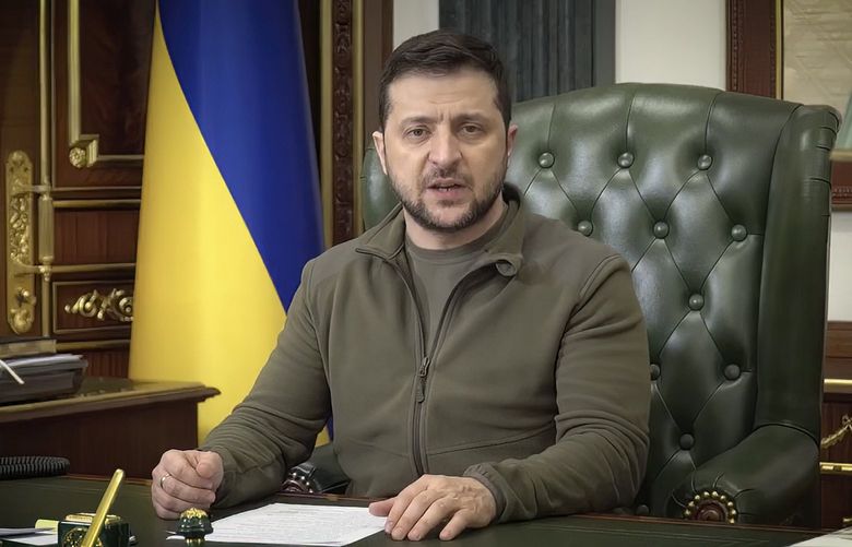 In this image from video provided by the Ukrainian Presidential Press Office and posted on Facebook, Ukrainian President Volodymyr Zelenskyy speaks in Kyiv, Ukraine, on early Wednesday, March 16, 2022. Zelenskyy said early Wednesday that Russia’s demands during the negotiations are becoming “more realistic” after nearly three weeks of war. He said more time was needed for the talks, which are being held by video conference. “Efforts are still needed, patience is needed,” he said in his nighttime video address to the nation. “Any war ends with an agreement.”(Ukrainian Presidential Press Office via AP) DCJE287 DCJE287