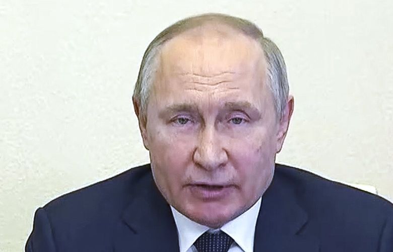 FILE – In this photo taken from video released by the Russian Presidential Press Service, Russian President Vladimir Putin speaks via videoconference at the Novo-Ogaryovo residence outside Moscow, Russia, Wednesday, March 16, 2022. (Russian Presidential Press Service via AP, File) RUS601 RUS601
