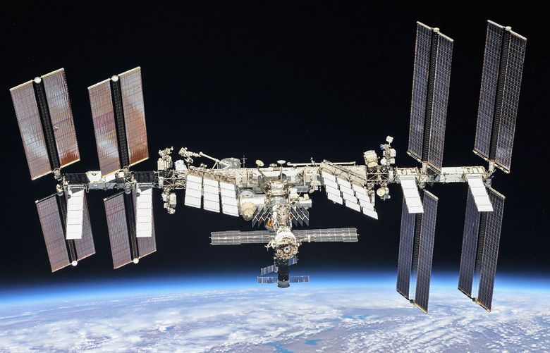 In an undated image provided by NASA, the International Space Station. Russiaâ€™s military acknowledged on Tuesday, Nov. 16, 2021, that it had conducted a test of an antisatellite weapon that obliterated a target in orbit, sending a vast cloud of debris zipping around Earth and forcing astronauts on the International Space Station to seek shelter. (NASA via The New York Times) â€” FOR EDITORIAL USE ONLY. â€” XNYT81
