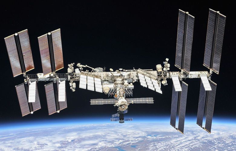 In an undated image provided by NASA, the International Space Station. Russia’s military acknowledged on Tuesday, Nov. 16, 2021, that it had conducted a test of an antisatellite weapon that obliterated a target in orbit, sending a vast cloud of debris zipping around Earth and forcing astronauts on the International Space Station to seek shelter. (NASA via The New York Times) — FOR EDITORIAL USE ONLY. — XNYT81