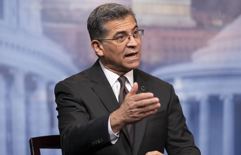 Health and Human Services Secretary Xavier Becerra is interviewed by the Associated Press on Thursday, March 17, 2022, in Washington. (AP Photo/Jacquelyn Martin) DCJM110 DCJM110