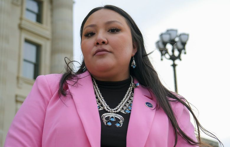 Christina Haswood, a Kansas state representative, in front of the state capitol in Topeka, on March 9, 2022. Haswood teamed with a high school student to create TikTok videos for her campaign in 2020. (Arin Yoon/The New York Times)