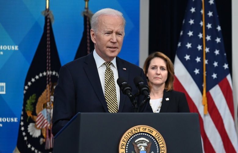President Joe Biden announces additional military aid to Ukraine at The White House in Washington on Wednesday, March 16, 2022. United States Deputy Secretary of Defense Kathleen Hicks and Gen. Mark Milley, the chairman of the Joint Chiefs of Staff, stand to his right. (Kenny Holston/The New York Times) XNYT39 XNYT39