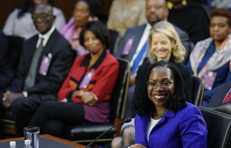 Supreme Court nominee Judge Ketanji Brown Jackson listens during her confirmation hearing before the Senate Judiciary Committee Monday, March 21, 2022, on Capitol Hill in Washington. (AP Photo/Carolyn Kaster) DCCK115 DCCK115