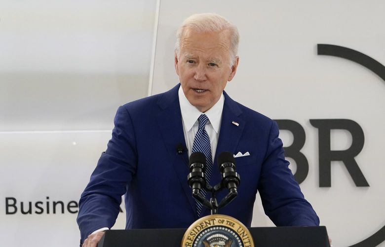 President Joe Biden speaks at Business Roundtable’s CEO Quarterly Meeting, Monday, March 21, 2022, in Washington. (AP Photo/Patrick Semansky) DCPS301 DCPS301