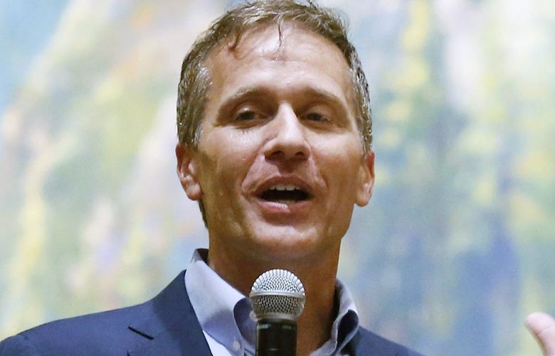 FILE – Former Missouri Gov. Eric Greitens, speaks at the Taney County Lincoln Day event at the Chateau on the Lake in Branson, Mo., April 17, 2021.  The ex-wife of Missouri GOP Senate candidate Eric Greitens has accused him of physical abuse. That’s according to an affidavit filed Monday in the former couple’s child custody case in Missouri. (Nathan Papes/The Springfield News-Leader via AP, File) MOSPL601 MOSPL601