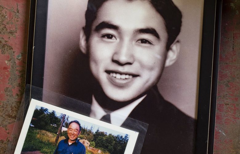 Pictures of Akio Suyematsu, known as Bainbridge Island’s last Japanese farmer, Monday, March 14, 2022. The top photo is Suyematsu as a Bainbridge High School student, and the bottom one was taken later in his life by Karen Selvar, who is now the steward of the historic farmland. 219838