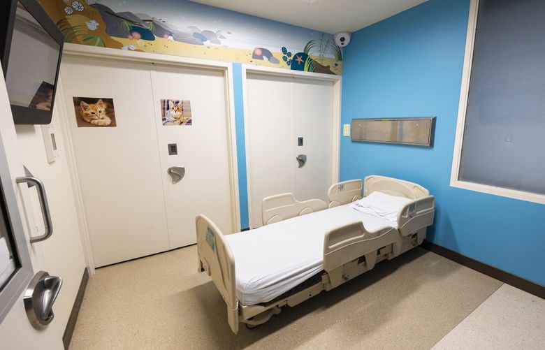 A room inside the ER where a child would be boarded while at Mary Bridge Children’s Hospital in Tacoma on Wednesday, Feb. 9, 2022. Boarding is a term that refers to a person who lives in limbo inside a hospital unit that’s ill-suited to their needs.
The window on the right is opaque glass and looks out to nothing.