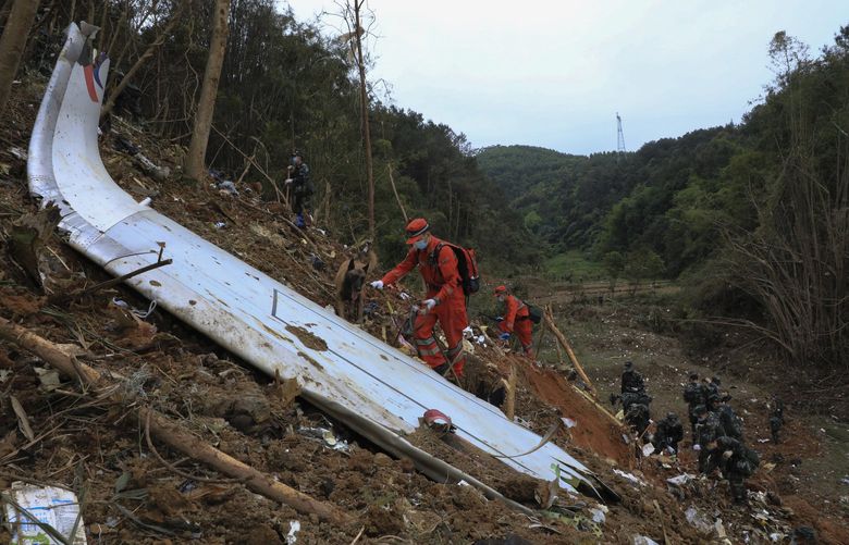 Emergency workers using sniff dogs to conduct search the debris at the site of China Eastern’s Boeing 737-800 crash in southern China earlier this week. The search area was expanded Thursday in a “blanket search” for the second black box. (Jiang Huaipeng / The Associated Press)