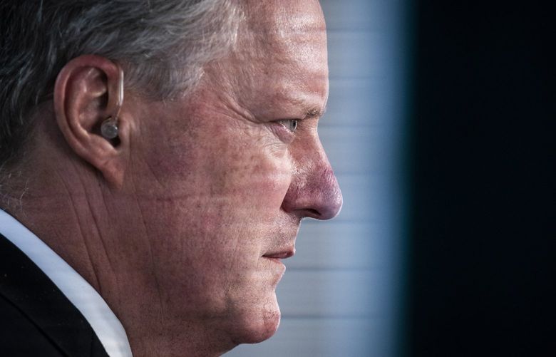 White House chief of staff Mark Meadows speaks during a television interview outside of the West Wing at the White House on Oct. 7, 2020, in Washington. MUST CREDIT: Washington Post photo by Jabin Botsford
