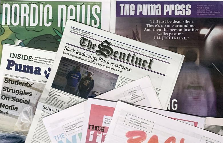 Editions of high school newspapers, including The Islander from Mercer Island High School, The Puma Press from University Prep, The Sentinel from Nathan Hale High School, Nordic News from Inglemoor High School and The Kolus from Shorewood High School.