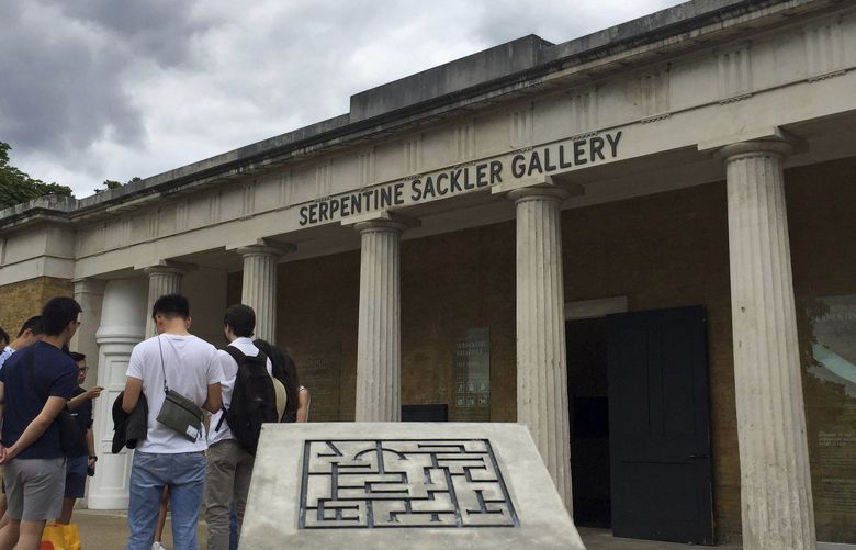 FILE – Exterior of the Serpentine Sackler Gallery in Hyde Park, London, July 21, 2019. The British Museum will remove the Sackler name from galleries, rooms and endowments following global outrage over the role the family played in the opioid crisis. The Sackler name has been removed in recent years from wings and galleries at institutions including the Louvre in Paris and the Serpentine Gallery in London. (AP Photo/Tony Hicks, File) LBJ110 LBJ110