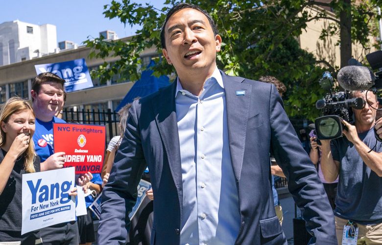 New York City mayoral candidate Andrew Yang arrives to an early voting site before casting his vote, Wednesday, June 16, 2021, in New York. Candidates in New York City’s heavily contested Democratic mayoral primary urged people to go to the polls in the coming days as early voting kicked off Wednesday. (AP Photo/John Minchillo) NYJM104