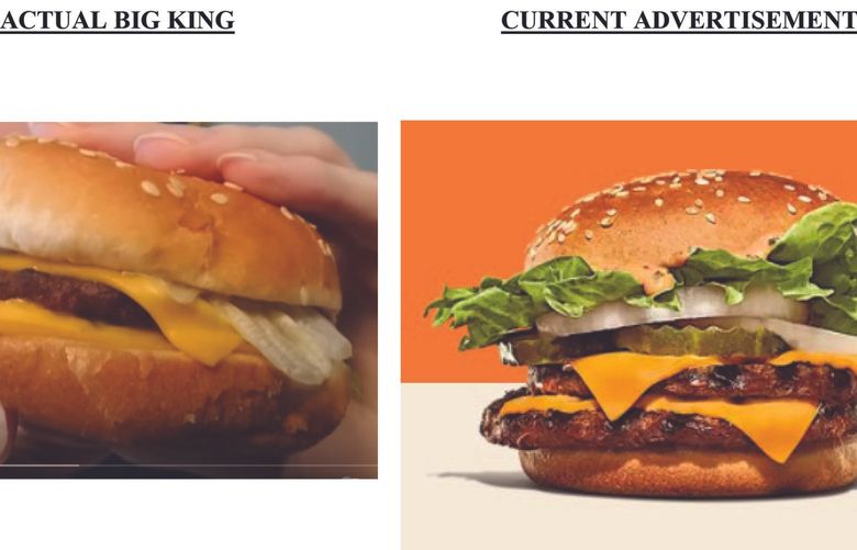 A federal lawsuit filed in Miami shows a side-by-side comparison of what claims Burger King advertises its Big King sandwich to be and what consumers actually get. (U.S. District Court, Southern District of Florida/TNS) 43988784W 43988784W