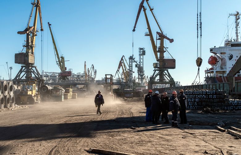 The Russian invasion of Ukraine has scrambled supply chains in the region, threatening supplies of commodities like nickel and wheat. Shown is the  port in Mykolaiv, Ukraine, on Feb. 14. (Brendan Hoffman / The New York Times)