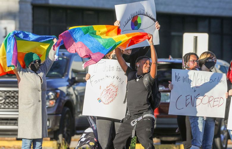 Students protest at Gaither High in Tampa against what critics call the "Don't say gay" bills on Monday, Feb. 14, 2022.