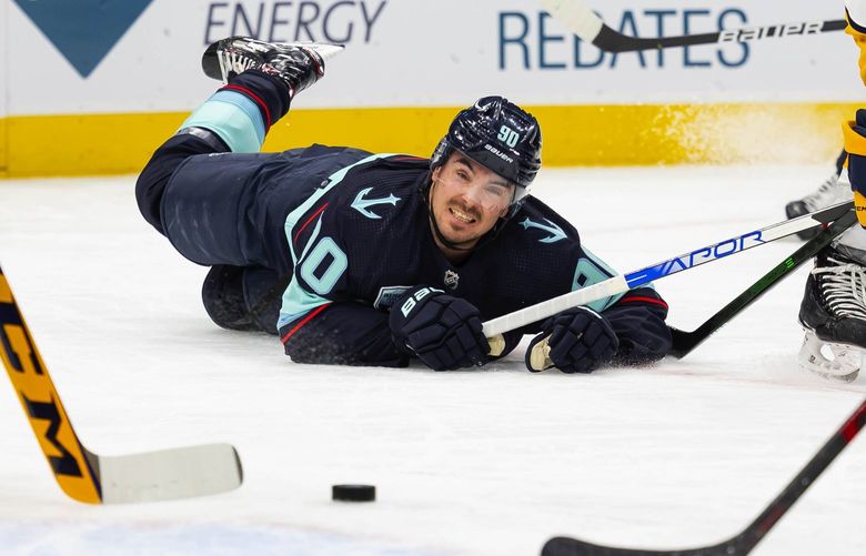 Nashville’s Matt Benning (5) draws the penalty for tripping Seattle’s Marcus Johansson, and that gives Seattle the power play it needed to score first against Nashville.

The Nashville Predators played the Seattle Kraken Tuesday, January 25, 2022 at Climate Pledge Arena in Seattle, WA. 219277