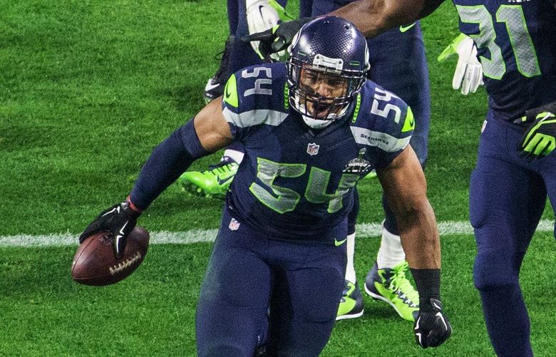 Seahawks linebacker Bobby Wagner celebrates after intercepting a Tom Brady pass during the  third quarter, as Seattle Seahawks take on the New England Patriots in Super Bowl XLIX at University of Phoenix Stadium, in Glendale, Az., on Sunday, Feb. 1, 2015.

Shot at 5:46.24, PST.

SEATTLE SEAHAWKS vs NEW ENGLAND PATRIOTS – SUPER BOWL 49 – 144743