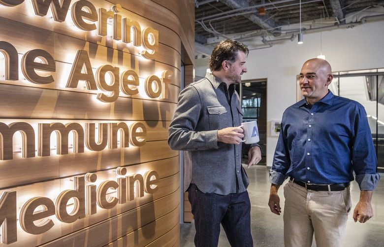 Friday, Sept. 17, 2021.  Chad Robins, CEO of Adaptive Biotechnologies and his brother and Chief Science officer, Harlan Robins in the entryway of their new facility the will soon be opening in Seatttle.