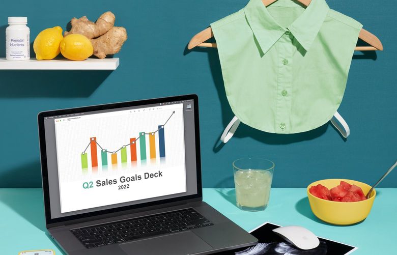 **EMBARGO: No electronic distribution, Web posting or street sales before 5:01 a.m. ET SATURDAY, MARCH 5, 2022. No exceptions for any reasons. EMBARGO set by source.**”Many pregnant women cannot work remotely, and those who do tend to feel lucky. Not going into a physical office means getting to skip a lot of awkward small talk (“So, will you be breastfeeding?”) and unexpected belly rubs,” writes Sarah Kessler for The New York Times. (Margeaux Walter/The New York Times)