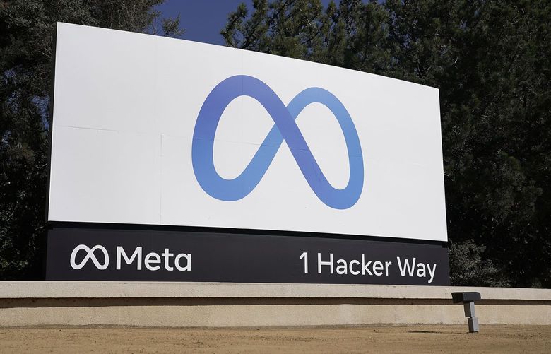 FILE – Facebook’s Meta logo sign is seen at the company headquarters in Menlo Park, Calif., on, Oct. 28, 2021.  (AP Photo/Tony Avelar, File) 