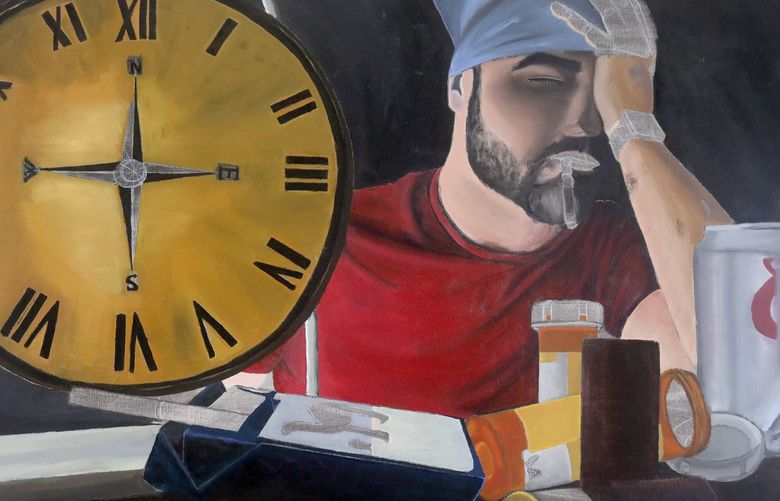 Former Marine Jake Powell dispalyed several of his works, incliuding this one. 
Powell is among many veterans still dealing with the trauma experienced while serving in our armed forces.  Powell served in the Marine Corps for ten years, including 3 tours  in Afghanistan.  He received an associates degree in fine art from Shoreline College in 2016.
He has found painting to be therapeutic and helps to combat the effects that come with it.
His work, along with the work of other veterans, was on display Wednesday, March 16 at the collegeâ€™a Pagoda Union Building. The exhibit is called â€œPutting Away The Traumaâ€. 219870